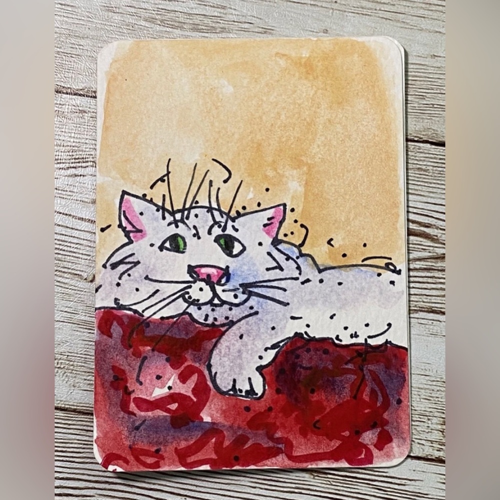 ACEO Original Art Card KIMBA Hand Drawn 2.5 x 3.5" SILLY CAT Series Card #7 ATC